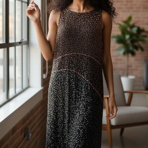 Vintage Black Silk Dress Hand Embellished in Copper & Black Beads | Size 14